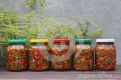 Set of canned vegetables and a bunch of dill. Stock Photo