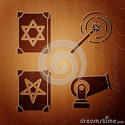 Set Cannon, Ancient magic book, Ancient magic book and Magic wand on wooden background. Vector Vector Illustration