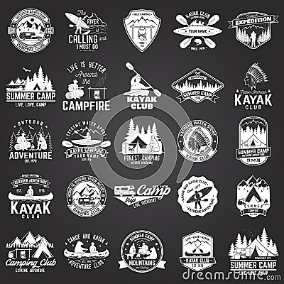Set of canoe, kayak and camping club badge Vector Illustration