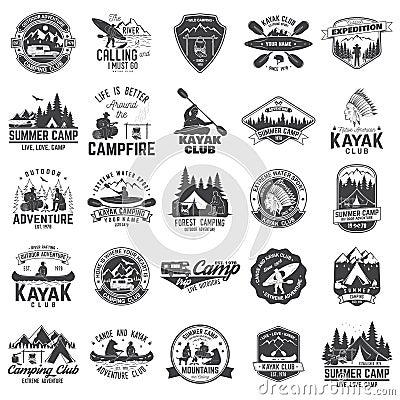 Set of canoe, kayak and camping club badge Vector Illustration