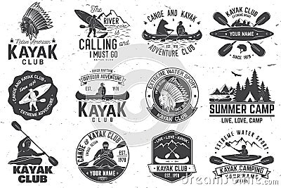 Set of canoe and kayak club badges. Vector illustration. Vector Illustration