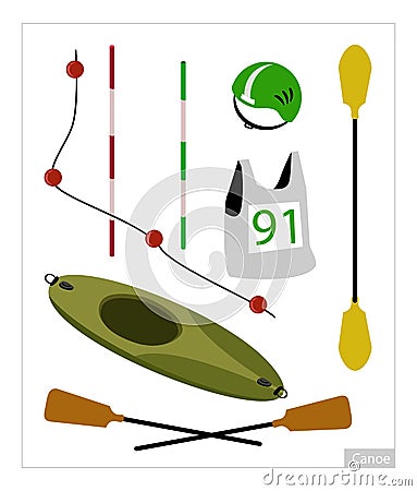 Set of Canoe or Kayak Equipment on White Background Vector Illustration