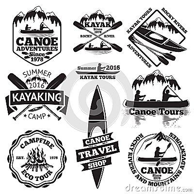 Set of canoe and kayak labels. Two man in a boat, boats oars, mountains, campfire, forest, tours, kayaking, travel shop Vector Illustration