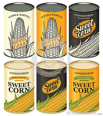 Set of cans with various labels for sweet corn Vector Illustration