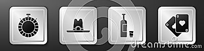 Set Canteen water bottle, Western cowboy hat, Whiskey bottle and glass and Playing cards icon. Silver square button Vector Illustration