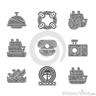 Set Captain hat, Cruise ship, Photo camera, Sinking cruise, and Covered with tray icon. Vector Vector Illustration