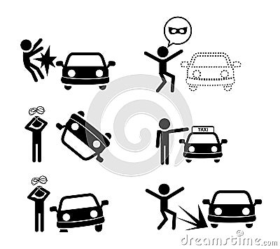 Set of car accident icon in silhouette style Vector Illustration