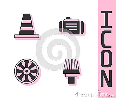 Set Car air filter, Traffic cone, Alloy wheel for car and Check engine icon. Vector Vector Illustration