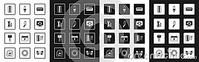 Set Car audio, muffler, service, tire wheel, Check engine, spark plug, Tire pressure gauge and key with remote icon Stock Photo