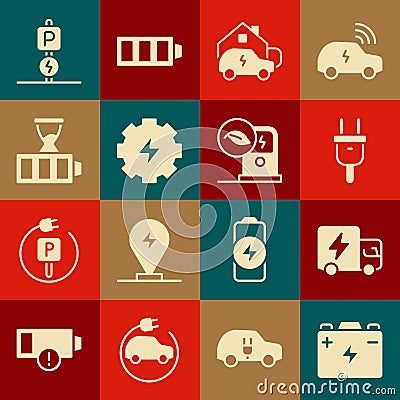 Set Car battery, Electric truck, plug, Charging car home, Gear and lightning, Battery charge, parking electric and Vector Illustration