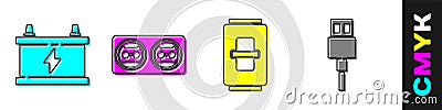 Set Car battery, Electrical outlet, Electric light switch and USB cable cord icon. Vector Vector Illustration