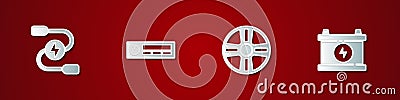 Set Car battery jumper power cable, Audio, Alloy wheel and icon. Vector Vector Illustration