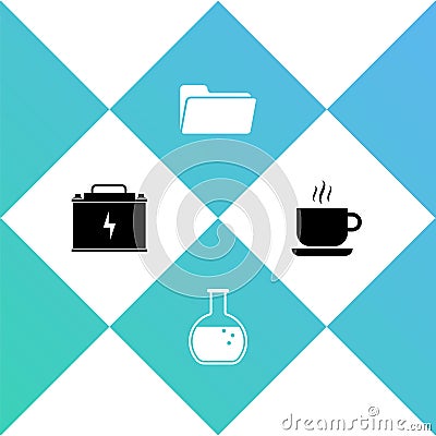 Set Car battery, Test tube and flask, Folder and Coffee cup icon. Vector Vector Illustration