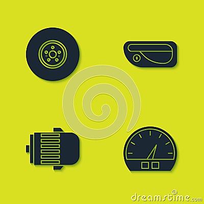 Set Car brake disk, Speedometer, Electric engine and door handle icon. Vector Stock Photo