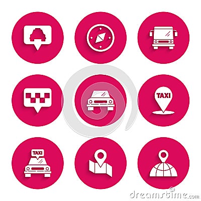Set Car, Folded map with location marker, Location the globe, Map pointer taxi, Taxi car, Bus and icon. Vector Stock Photo