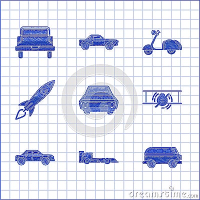 Set Car, Formula race car, Retro minivan, Old retro vintage plane, Sedan, Rocket ship with fire, Scooter and Pickup Stock Photo