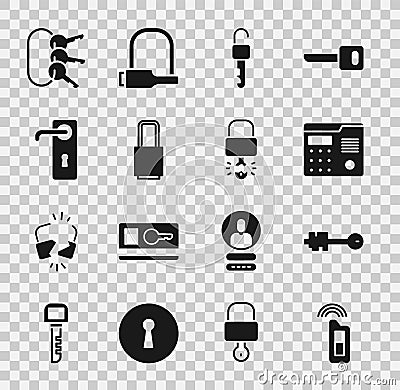 Set Car key with remote, Old, House intercom system, Unlocked, Lock, Door handle, Bunch of keys and Key broke inside Vector Illustration