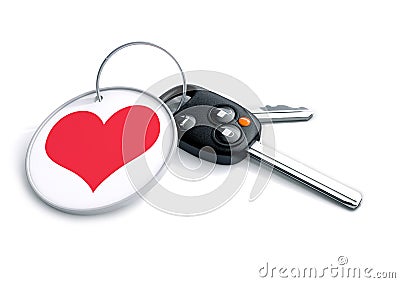 Set of car keys with keyring and red heart icon. Concept for how Stock Photo