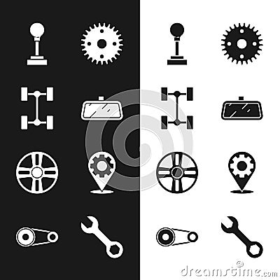 Set Car mirror, Chassis car, Gear shifter, Alloy wheel, service, Wrench spanner and Timing belt kit icon. Vector Vector Illustration