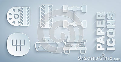 Set Car mirror, Chassis car, Gear shifter, tire wheel and icon. Vector Vector Illustration