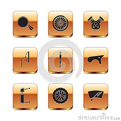 Set Car mirror, Truck side, wheel, Shock absorber, Windscreen wiper, engine, and icon. Vector Vector Illustration