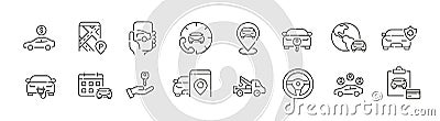 Set of car rent icons. Call centre support, car locations, calendar and card payment. Pixel perfect icon Vector Illustration