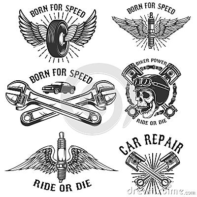 Set of car repair and racing emblems. Spark plug with wings, racer skull, pistons and wheel. Design elements for logo, label, bad Vector Illustration