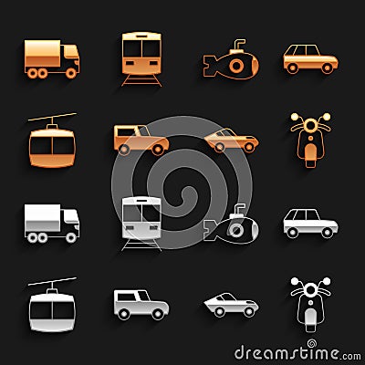 Set Car, Scooter, Cable car, Submarine, Delivery cargo truck and Train and railway icon. Vector Vector Illustration