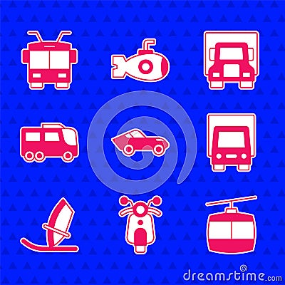 Set Car, Scooter, Cable car, Delivery cargo truck, Windsurfing, Bus, and Trolleybus icon. Vector Vector Illustration