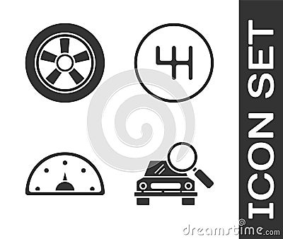 Set Car search, Car wheel, Speedometer and Gear shifter icon. Vector Vector Illustration
