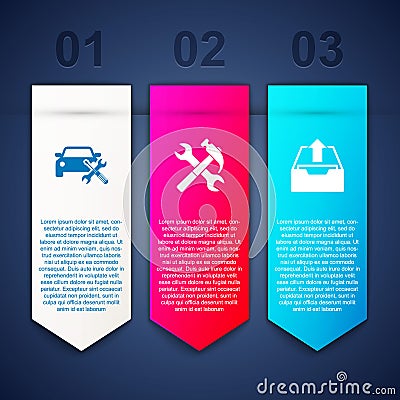 Set Car service, Crossed hammer and wrench and Upload inbox. Business infographic template. Vector Vector Illustration