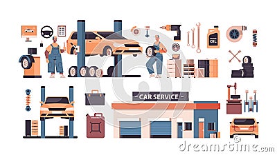 set car service elements collection automobile check up maintenance station repair shop concept Vector Illustration