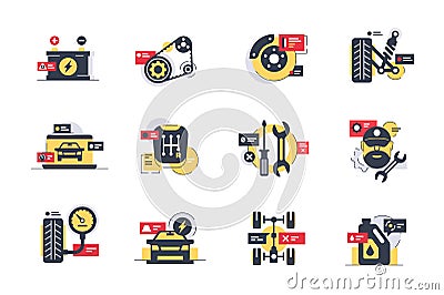 Set car service icons with tires, motor, transmission, repair tool. Vector Illustration