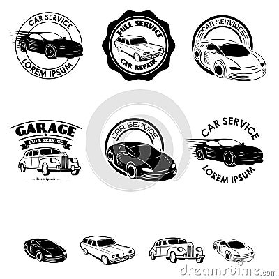 Set of car service labels. Set of vintage cars icons. Design elements for logo, label, badge, emblem. Design elements in vector. Vector Illustration