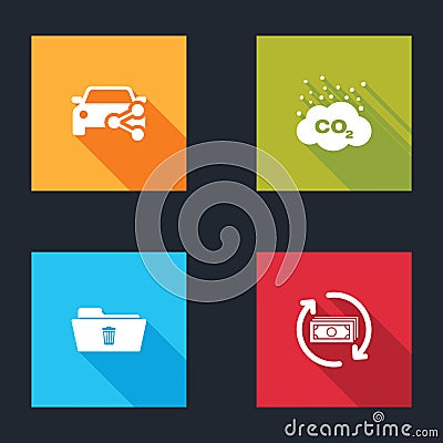 Set Car sharing, CO2 emissions cloud, Delete folder and Refund money icon. Vector Vector Illustration