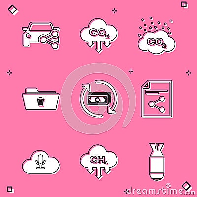 Set Car sharing, CO2 emissions cloud, , Delete folder, Refund money and Share file icon. Vector Vector Illustration