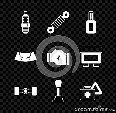 Set Car spark plug, Shock absorber, key with remote, Chassis car, Gear shifter, First aid kit and warning triangle Vector Illustration