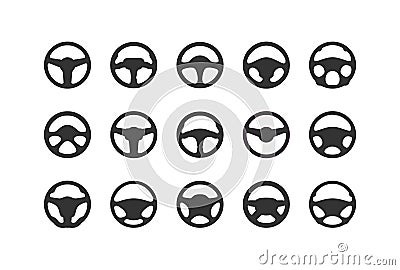 Set of car steering wheel silhouettes. Flat steering wheel icon. Isolated silhouette on a white background Vector Illustration