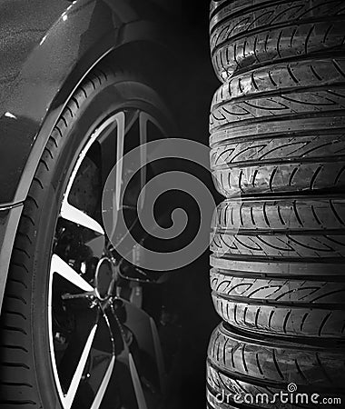 Set of car tires with alloy wheels Stock Photo