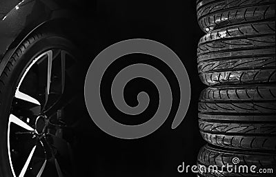 Set of car tires with alloy wheels Stock Photo