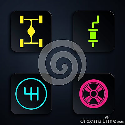 Set Car wheel, Chassis car, Gear shifter and Car muffler. Black square button. Vector Vector Illustration
