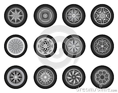 Set of car wheels. Summer or winter tires for driving in different weather conditions. Wheel disk icon isolated on white Vector Illustration