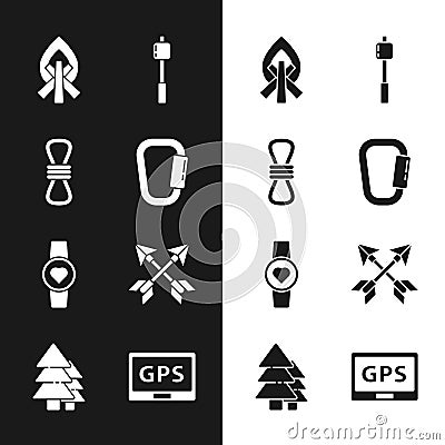 Set Carabiner, Climber rope, Campfire, Marshmallow on stick, Smart watch showing heart beat rate, Crossed arrows, Gps Vector Illustration