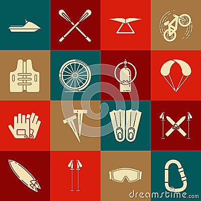 Set Carabiner, Ski and sticks, Parachute, Hang glider, Bicycle wheel, Life jacket, Jet ski and Aqualung icon. Vector Stock Photo