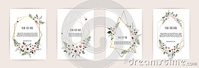 Set of card with flower rose, leaves and geometrical frame. Wedding ornament concept. Floral poster, invite. Vector Vector Illustration