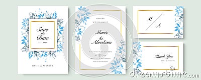 Set of card with flower rose, leaves. Wedding white blue and gold concept. Floral poster, invite. Vector decorative greeting card Vector Illustration