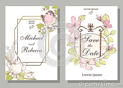 Set of card with robin bird, wiid rose, leaves and geometrical f Vector Illustration