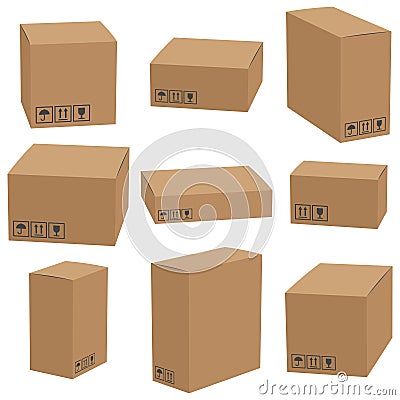 Set of cardboard box mockups different size. Isolated on white background. Vector Illustration