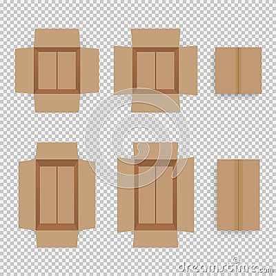 Set of cardboard box mockups different size. Isolated on white background. Vector Illustration