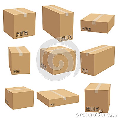 Set of cardboard box mockups. Isolated on white background. Vector carton packaging box Stock Photo